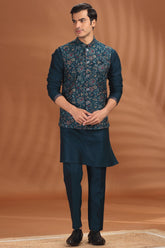 Rama Blue Silk Embroidered Kurta Pajama with Jacket